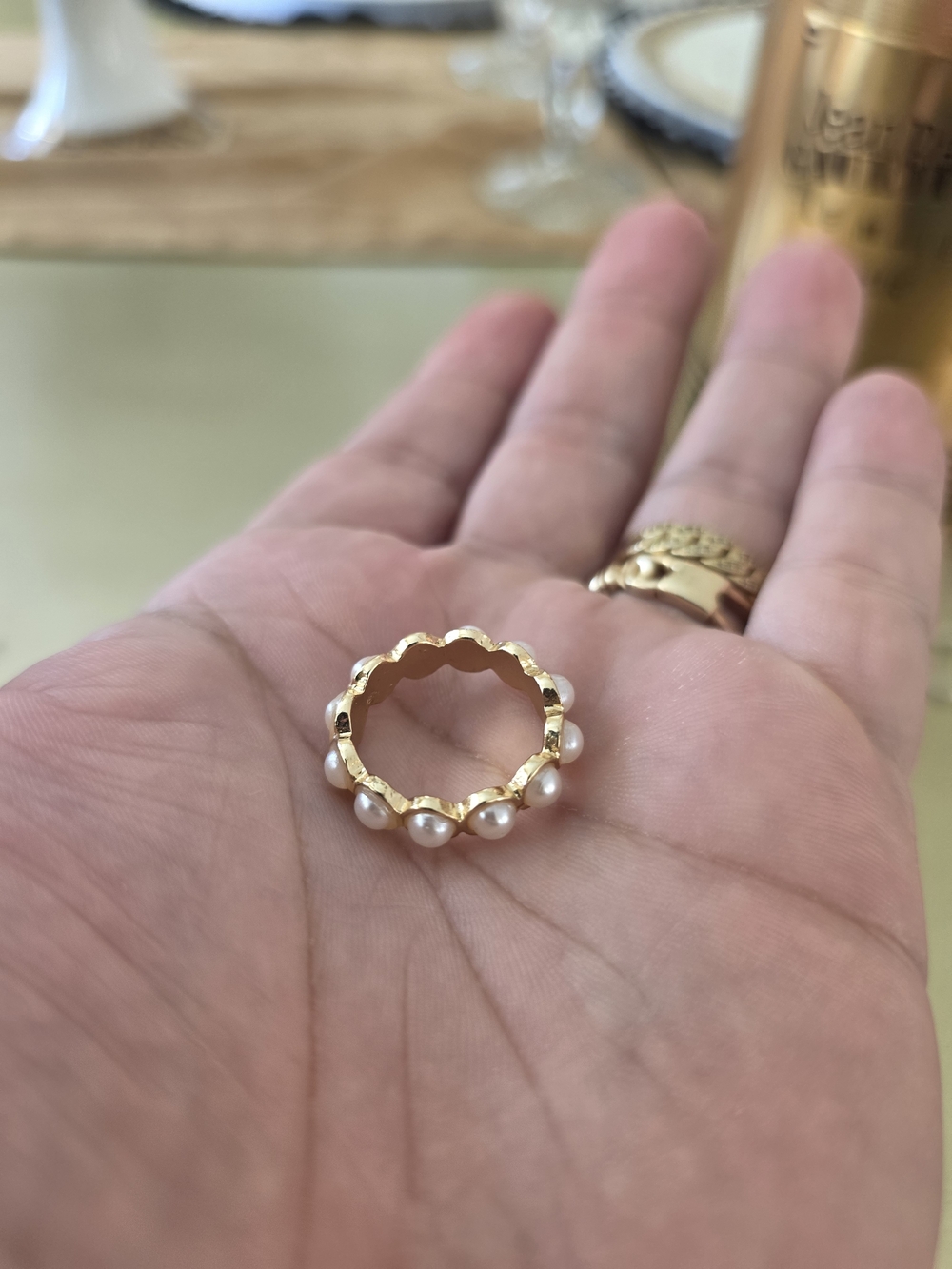 Ring Gold Band with White Pearl Accents